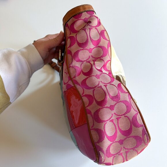 Vintage Y2K Coach Patchwork Pink Blue Leather Signature Print Shoulder Tote Bag - Picture 6 of 12